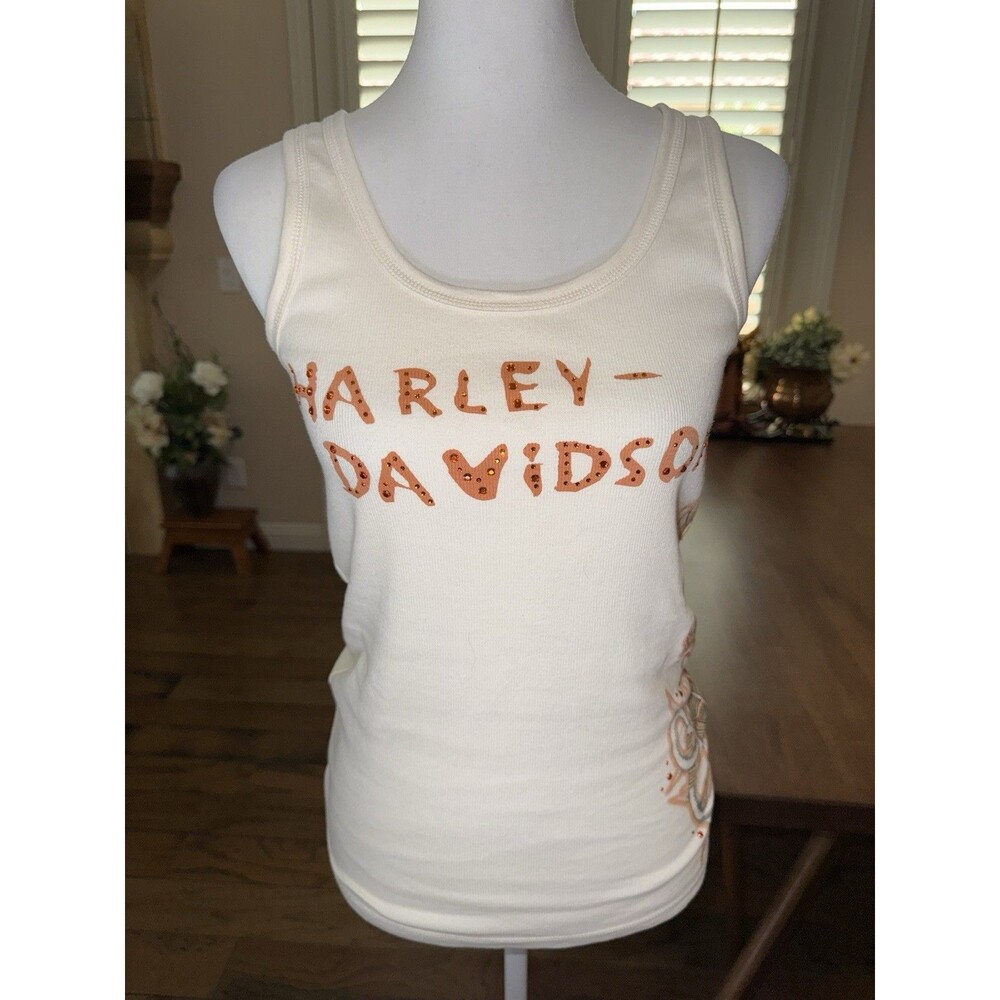 Harley-Davidson Women’s Embellished Tank Top L Ivory Orange Rhinestone Biker - Picture 5 of 10